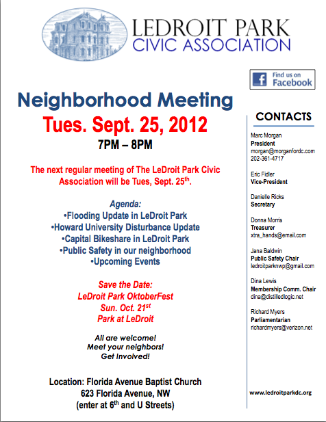 LeDroit Park Civic Association September 25th, 2012 Meeting Agenda