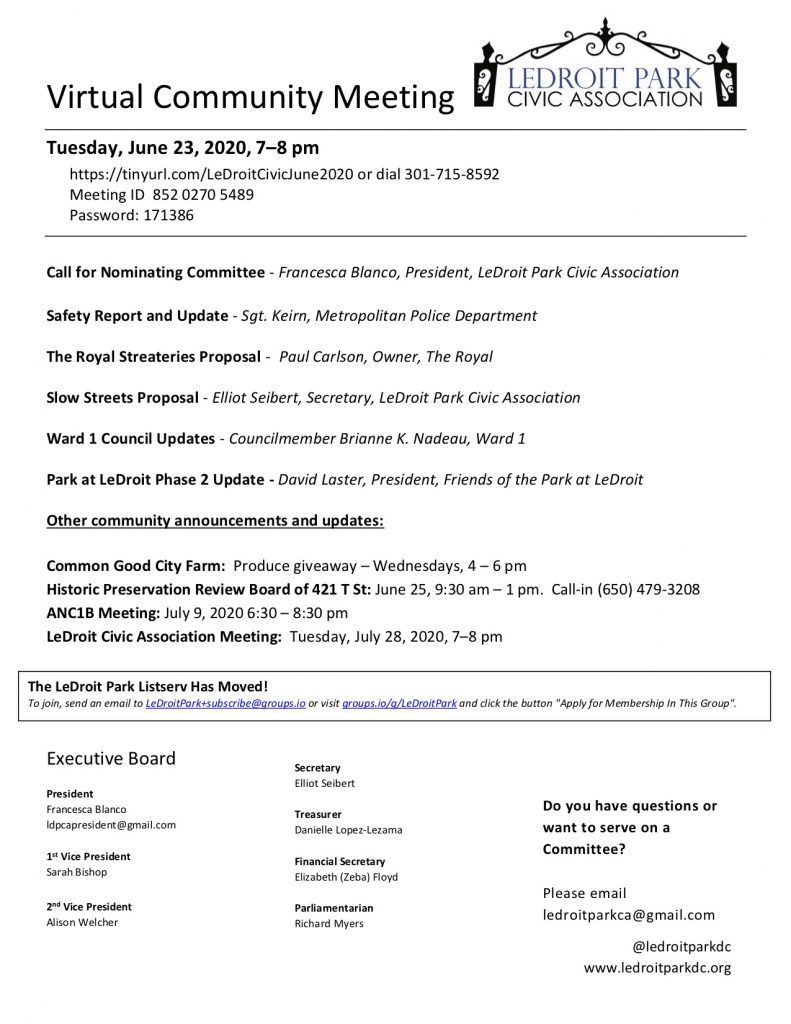 June 2020 LPCA Meeting Agenda (Tuesday, June 23, 2020, 7–8 pm)