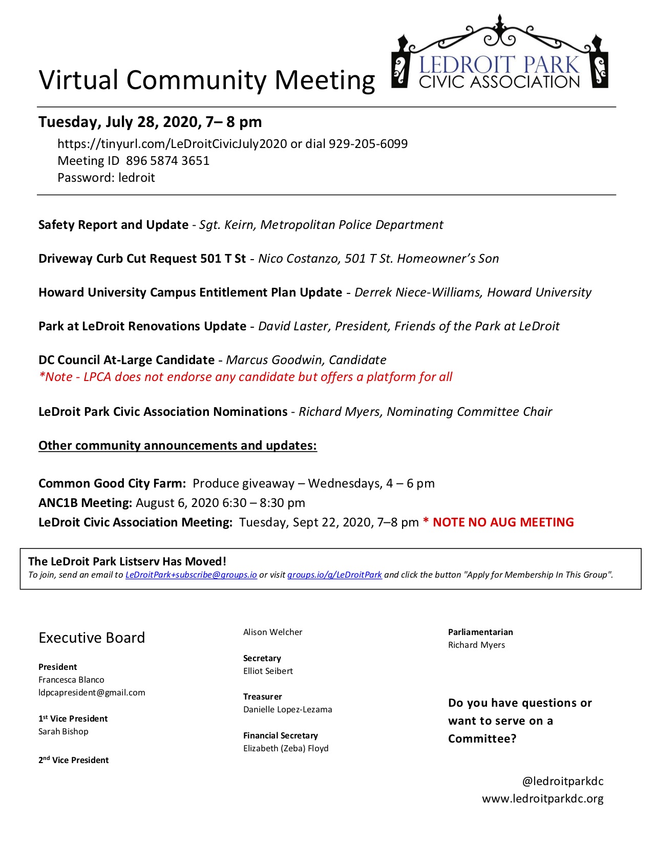 July 2020 LPCA Meeting Agenda (Tuesday, July 28, 2020, 7–8 PM)