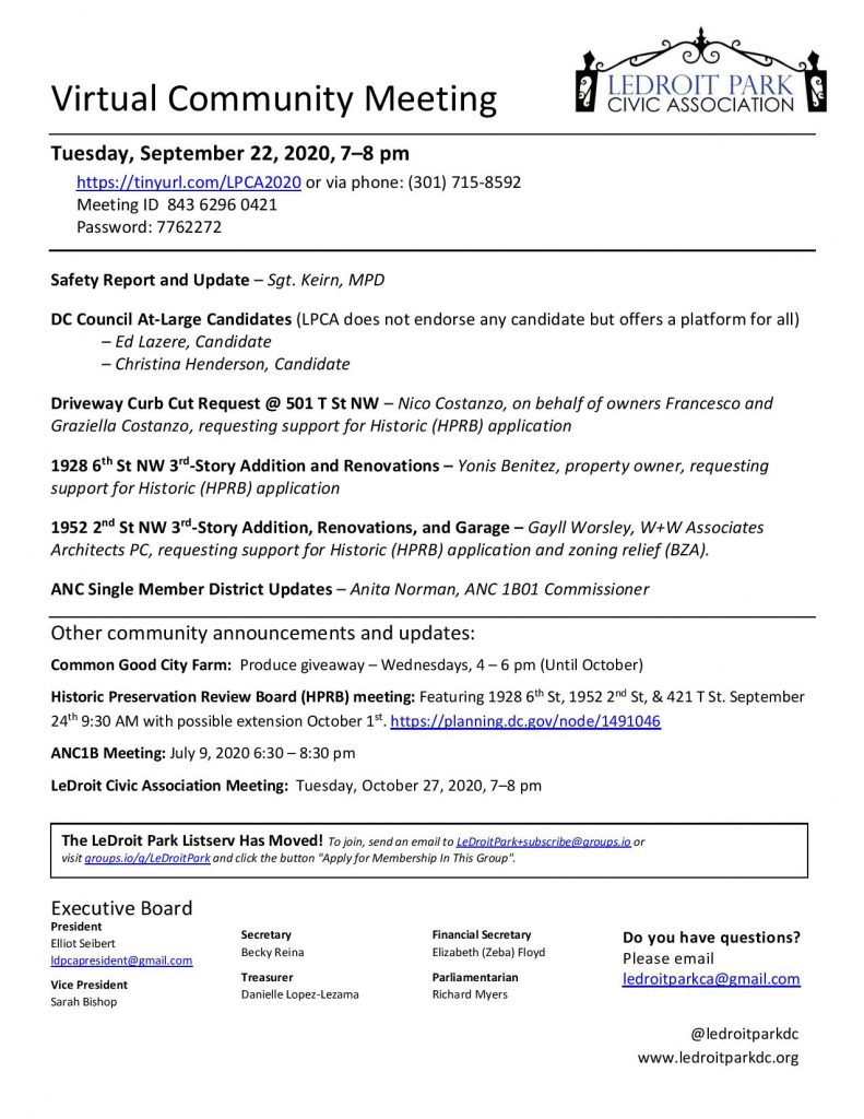 September 2020 LPCA Meeting Agenda (Tuesday, September 22, 2020, 7–8 PM)