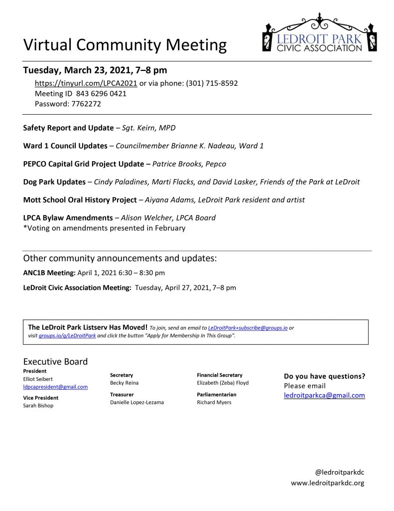 March 2021 LPCA Meeting Agenda (Tuesday, March 23, 2021, 7-8 PM)