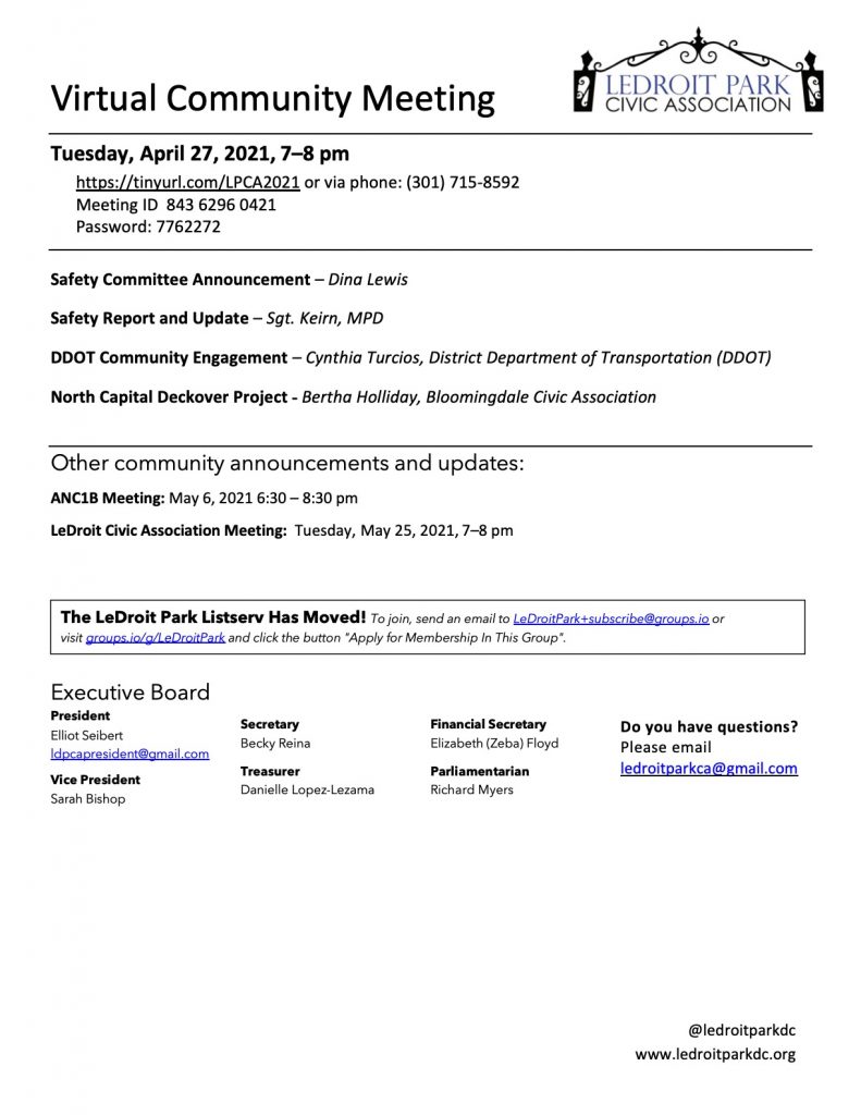 April 2021 LPCA Meeting Agenda (Tuesday, April 27, 2021, 7-8 PM)