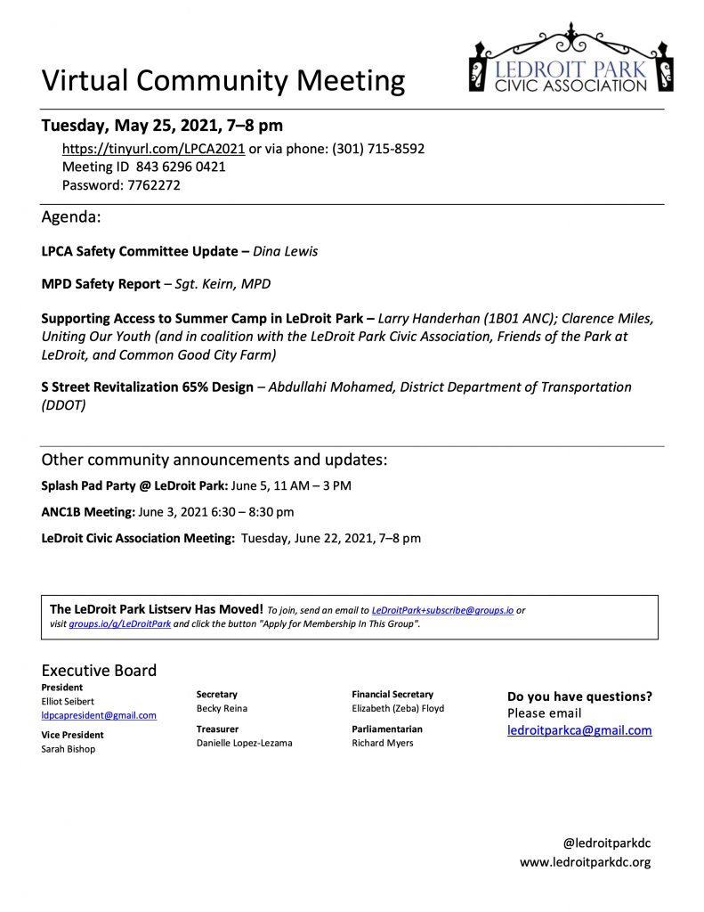 May 2021 LPCA Meeting Agenda (Tuesday, May 25, 2021, 7-8 PM)