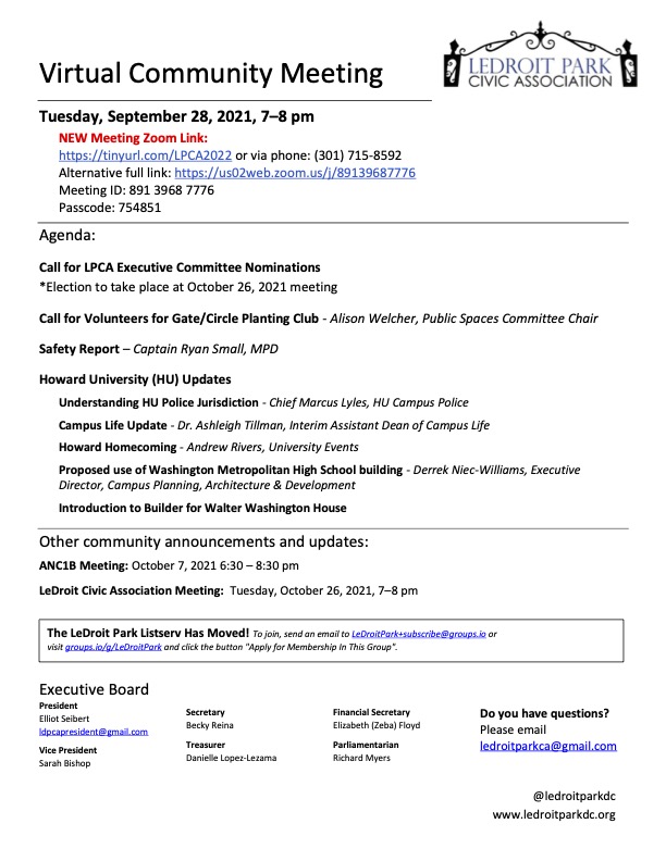 September 2021 LPCA Meeting Agenda (Tuesday, September 28, 2021, 7-8 PM)