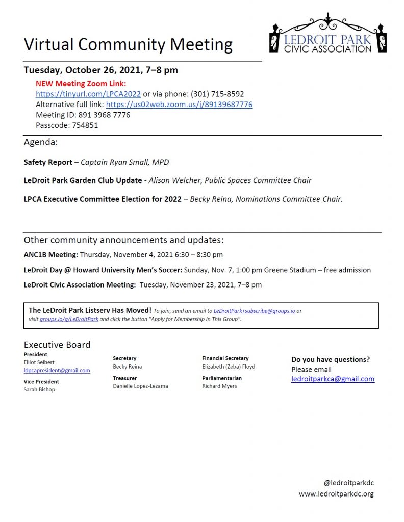 October 2021 LPCA Meeting Agenda (Tuesday, October 26, 2021, 7-8 PM)