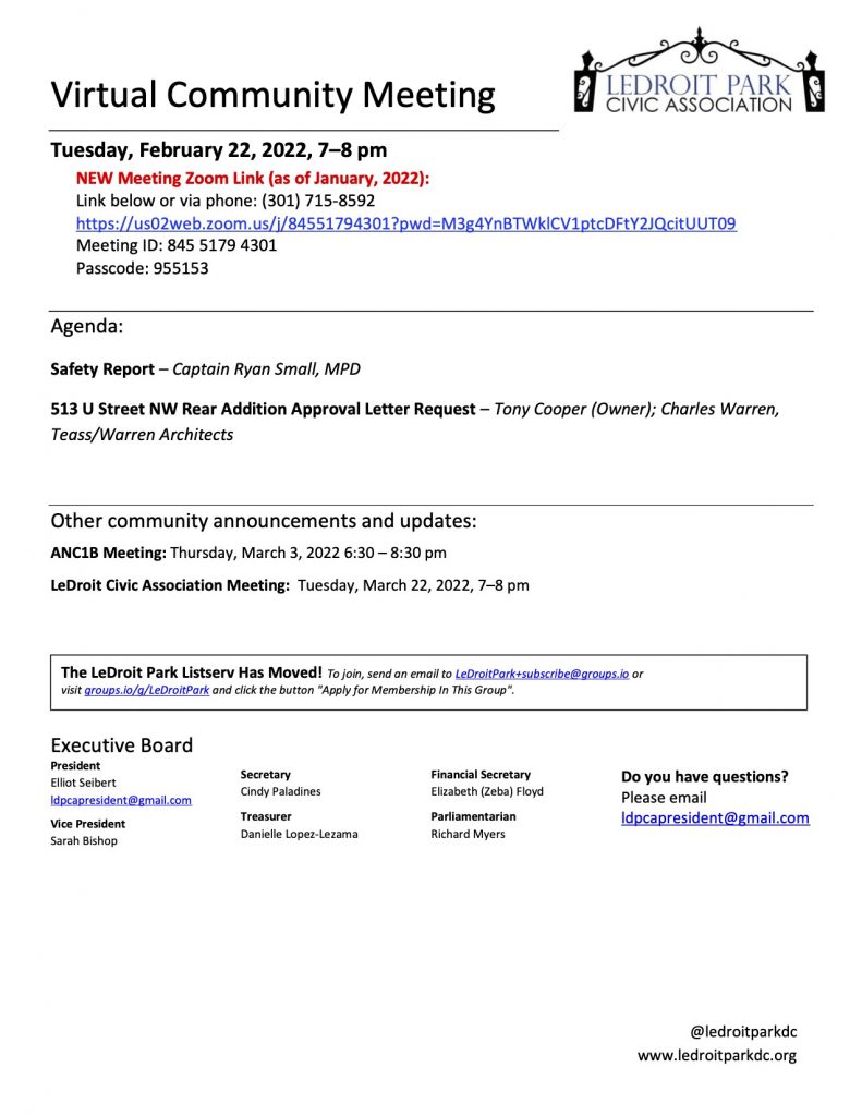 February 2022 LPCA Meeting Agenda (Tuesday, February 22, 2022, 7-8 PM)