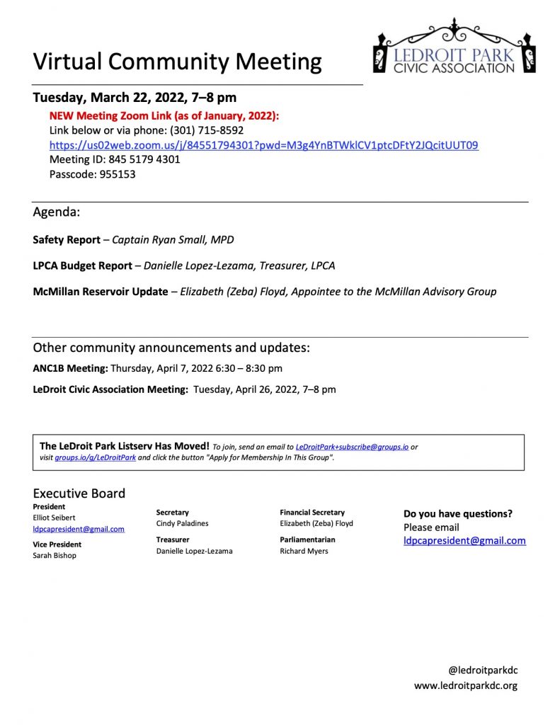 March 2022 LPCA Meeting Agenda (Tuesday, March 22, 2022, 7-8 PM)