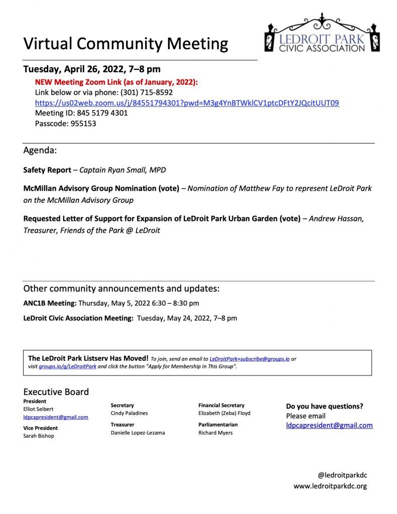 April 2022 LPCA Meeting Agenda (Tuesday, April 26, 2022, 7-8 PM)