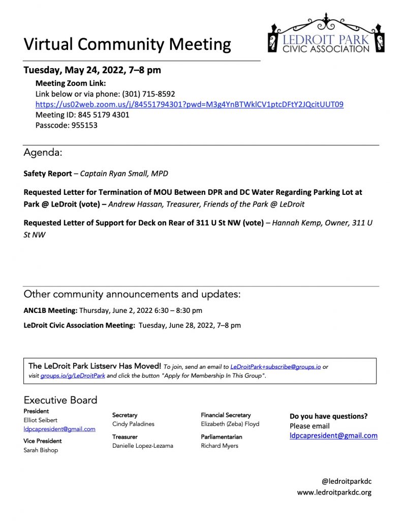 May 2022 LPCA Meeting Agenda (Tuesday, May 24, 2022, 7-8 PM)