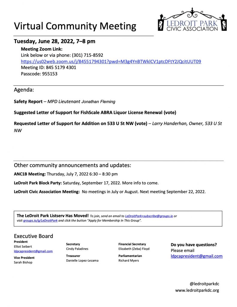 June 2022 LPCA Meeting Agenda (Tuesday, May 28, 2022, 7-8 PM)