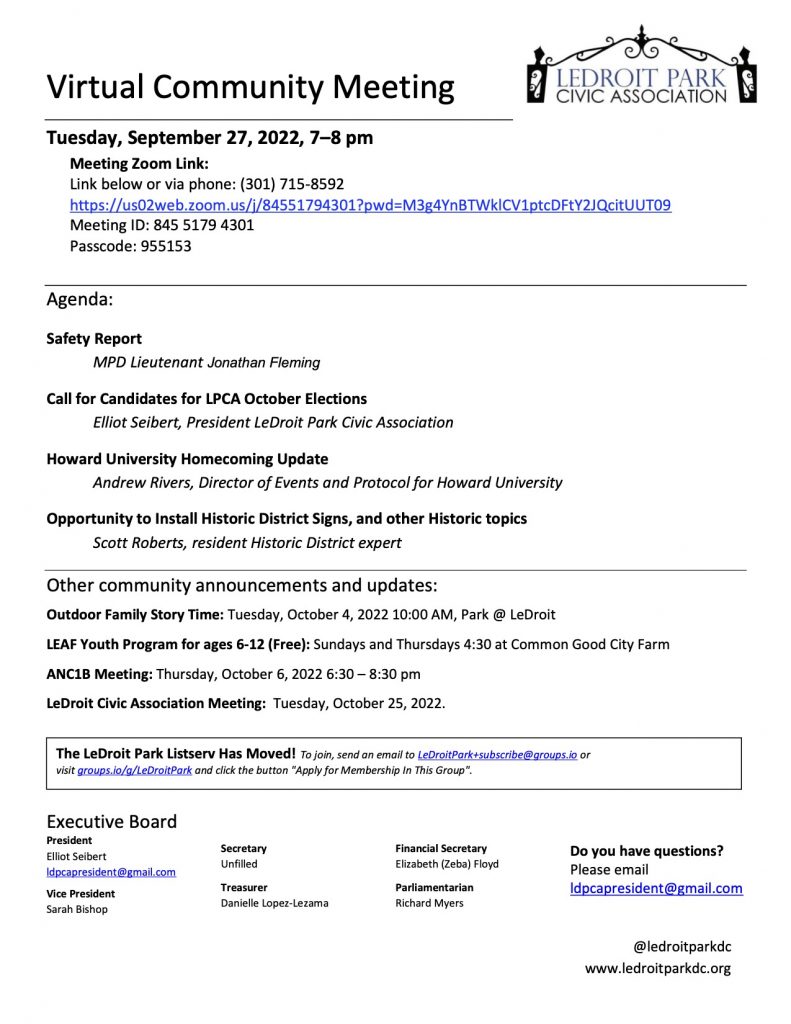 September 2022 LPCA Meeting Agenda (Tuesday, September 27, 2022, 7-8 PM)