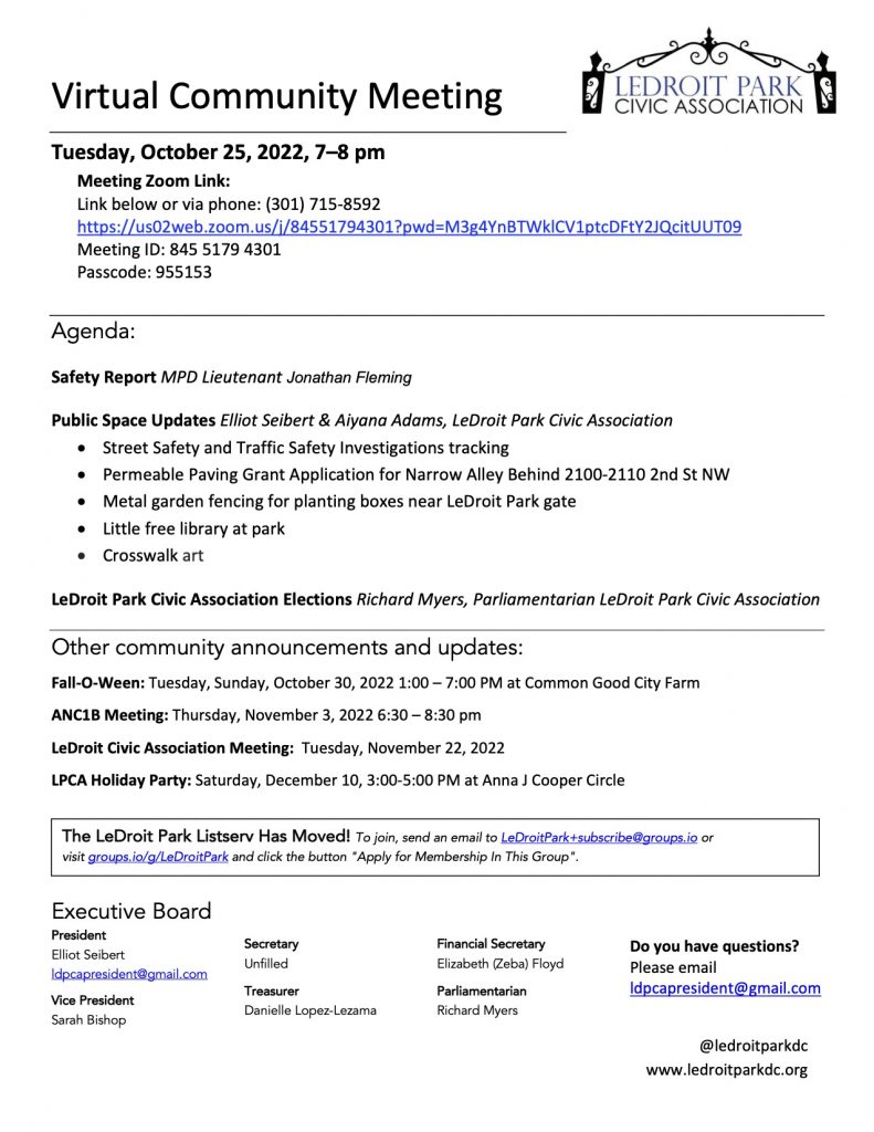 October 2022 LPCA Meeting Agenda (Tuesday, October 25, 2022, 7-8 PM)