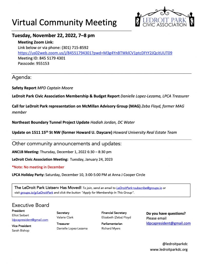 November 2022 LPCA Meeting Agenda (Tuesday, November 22, 2022, 7-8 PM)