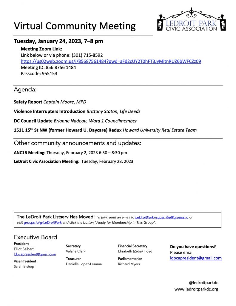 January 2023 LPCA Meeting Agenda (Tuesday, January 24, 2023, 7-8 PM)