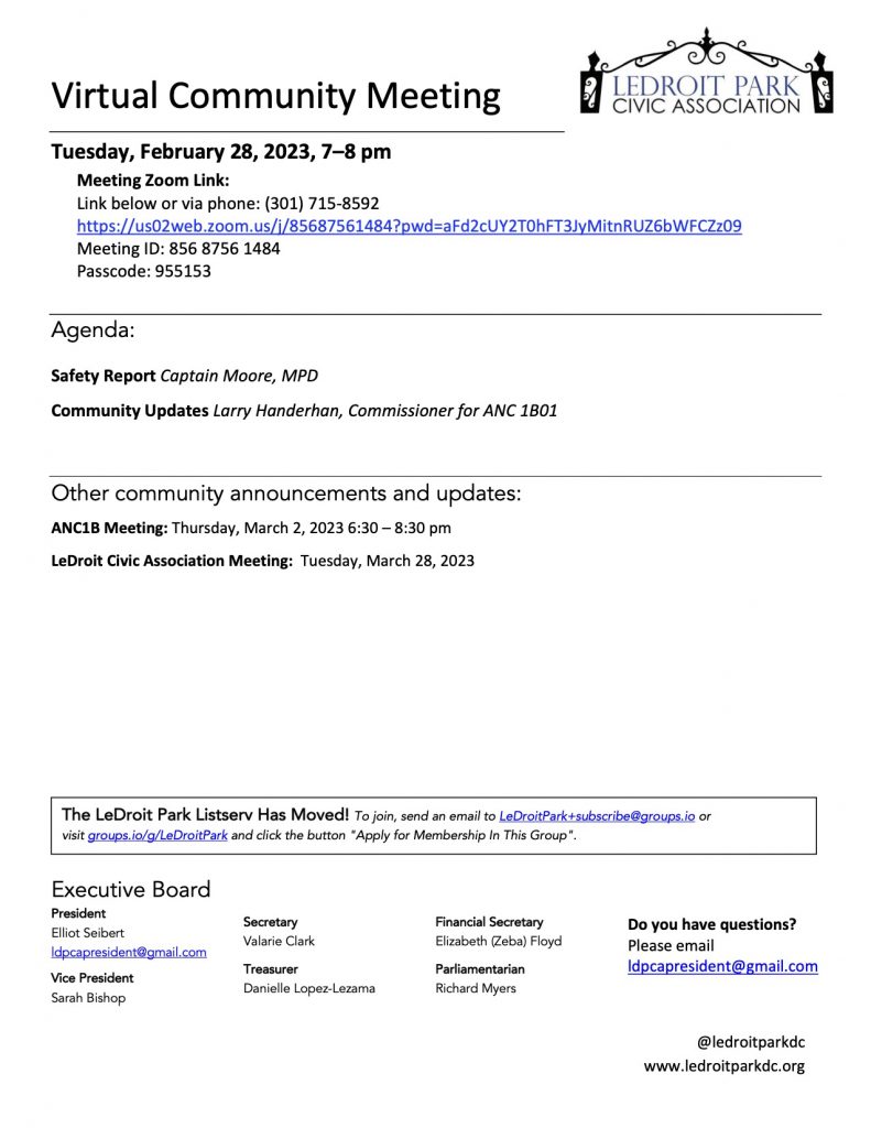 February 2023 LPCA Meeting Agenda (Tuesday, February 28, 2023, 7-8 PM)